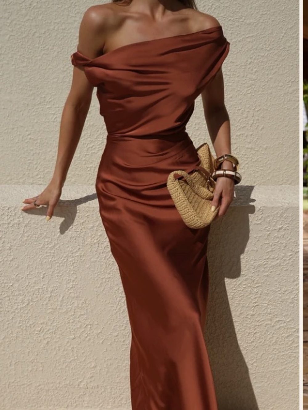 One-Shoulder Satin Maxi Dress in Rust Brown